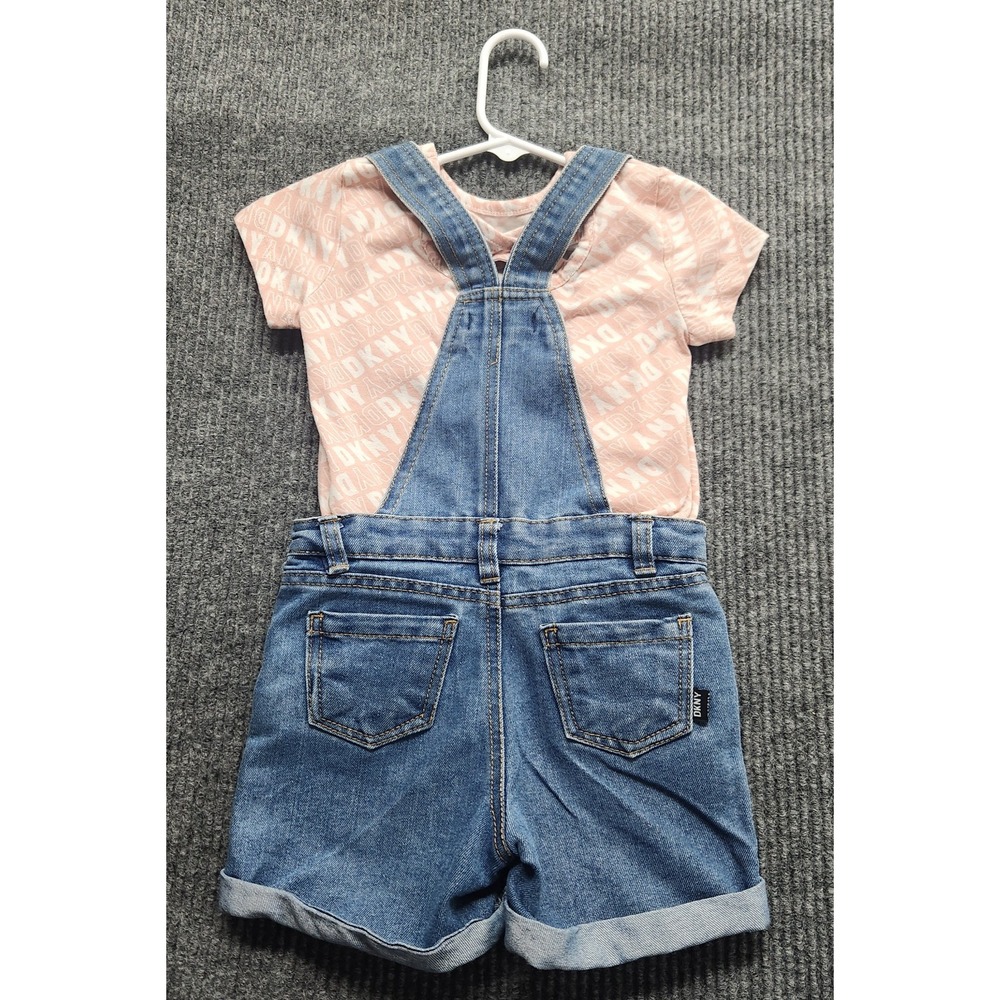DKNY Overall Denim Jean Shorts with Pink "DKNY" logo top Girls Size 4 - Picture 3 of 15